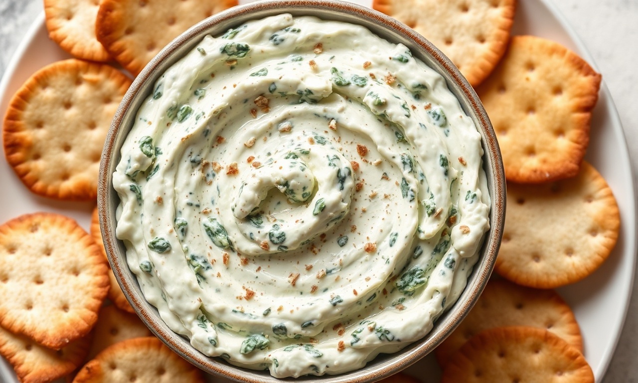 Creamy spinach artichoke dip ready to serve with crackers.