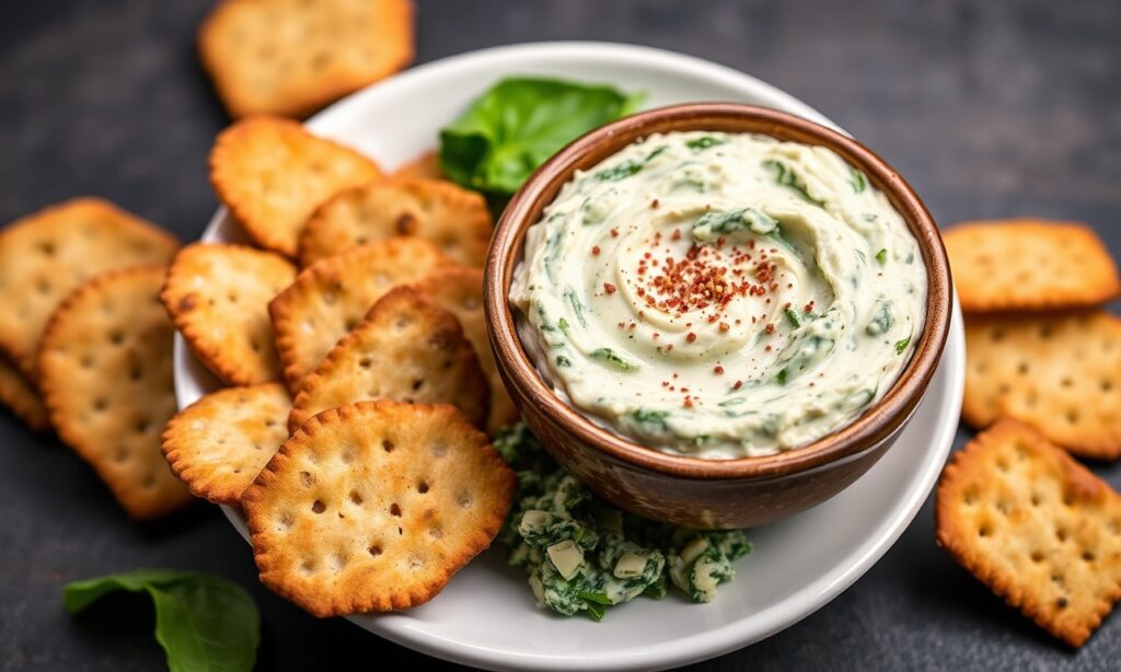 Creamy spinach artichoke dip with crackers, a gourmet pairing.