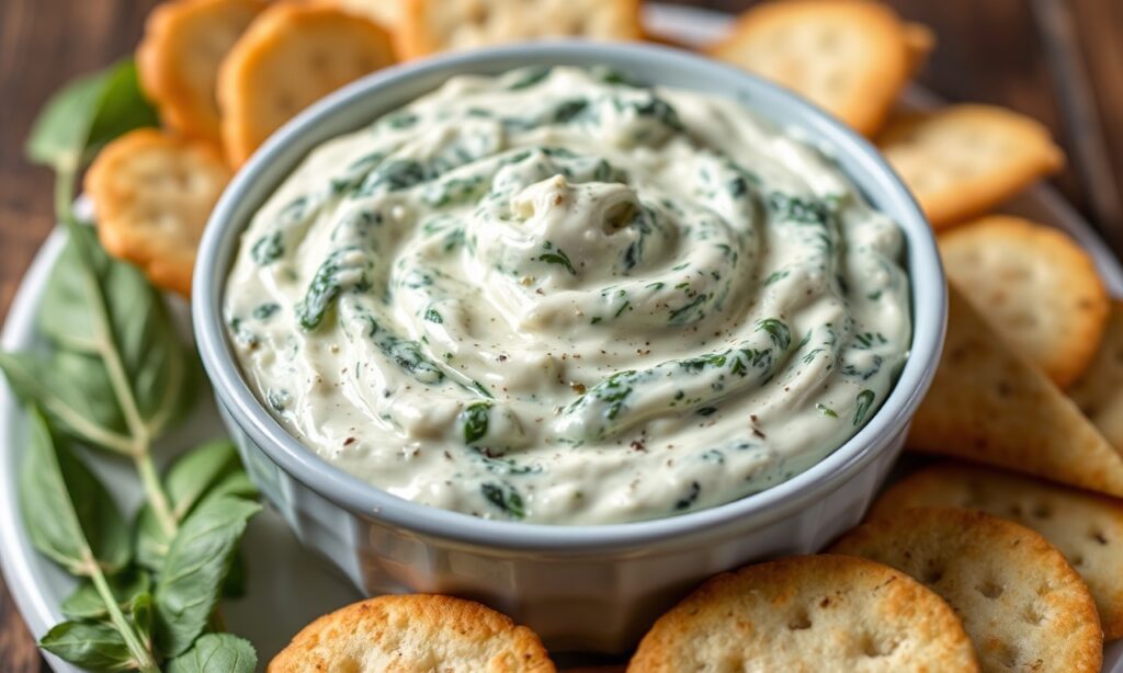 Creamy spinach and artichoke dip with crackers, rich and velvety.
