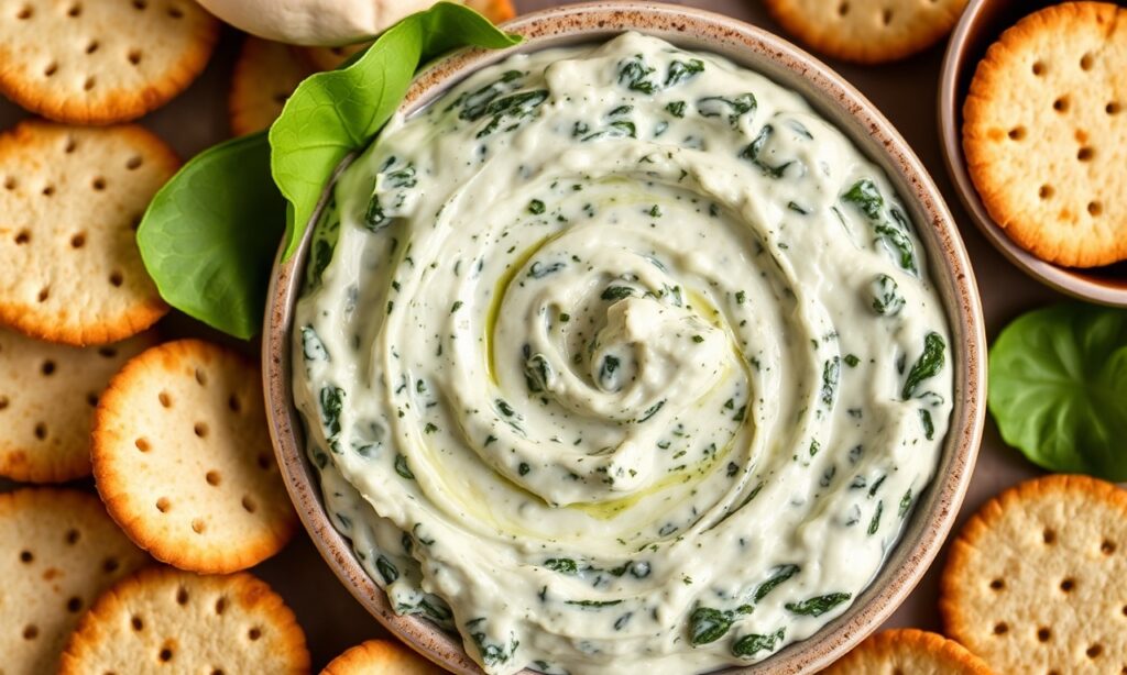 Creamy spinach and artichoke dip with crackers, rich and velvety.