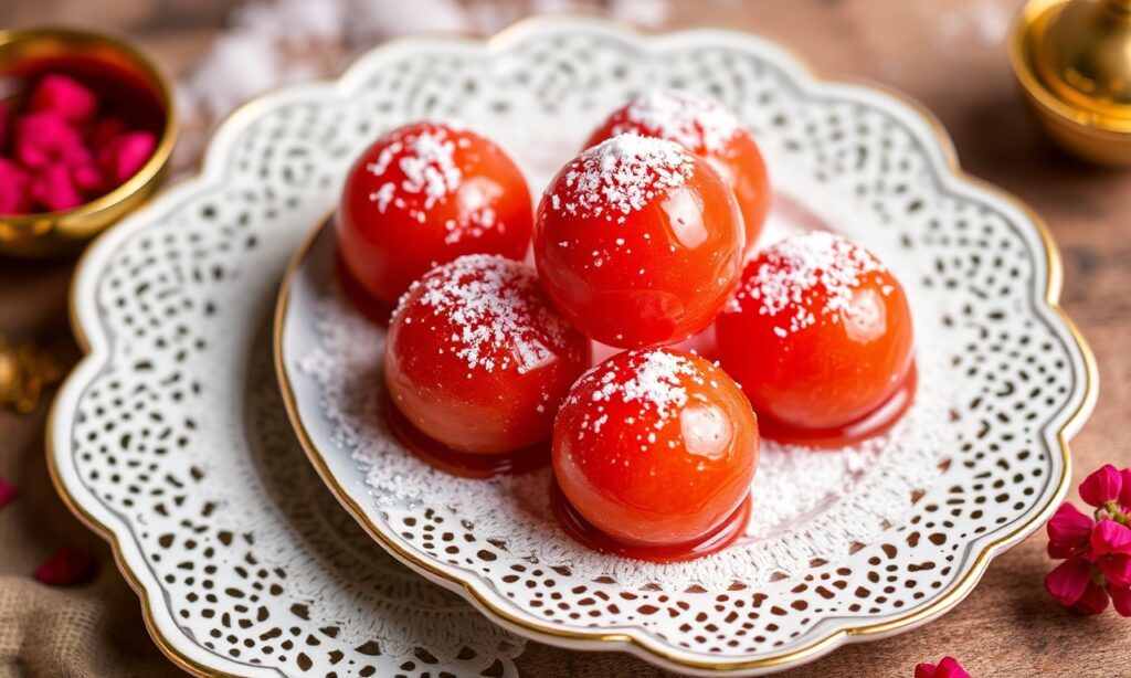 Golden Gulab Jamun, India's beloved sweet delight, irresistible bliss.