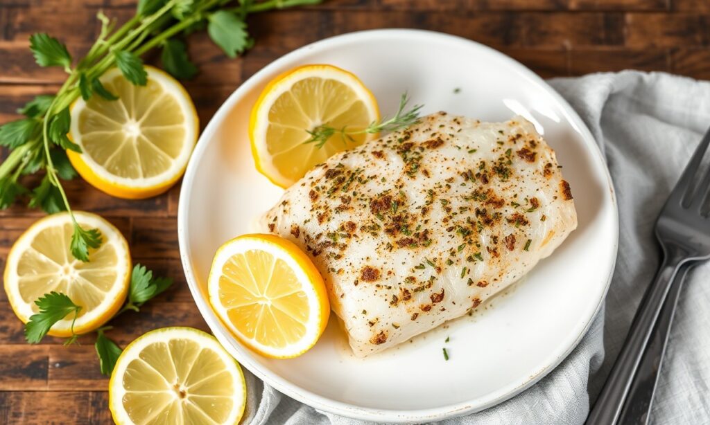 Zesty lemon herb baked cod, a fresh seafood delight.