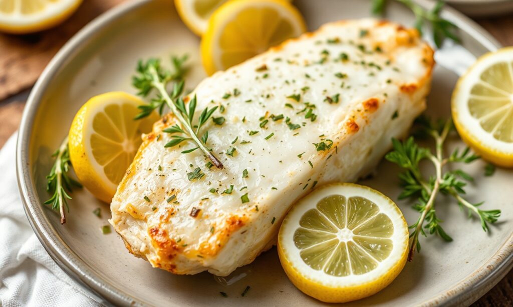 Zesty lemon herb baked cod, a fresh seafood delight.