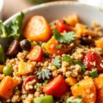Colorful roasted veggie quinoa bowl, a nutritious and easy meal.