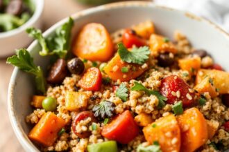 Colorful roasted veggie quinoa bowl, a nutritious and easy meal.