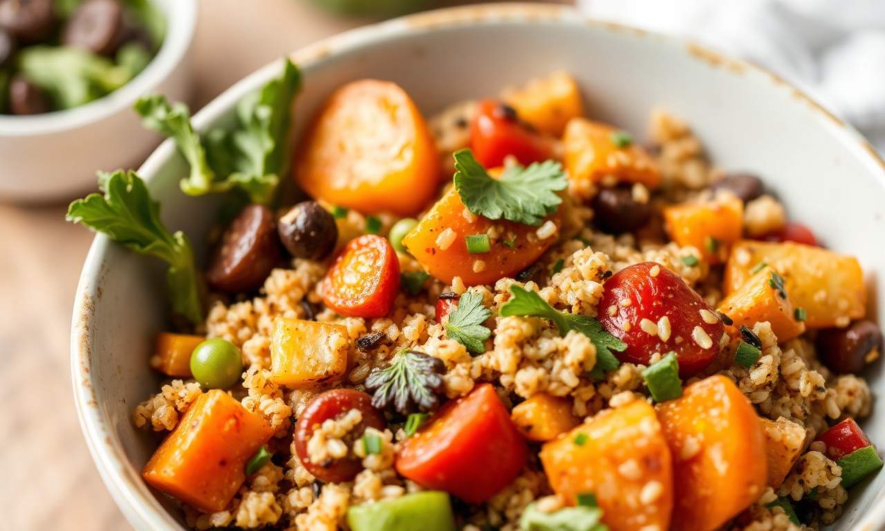 Colorful roasted veggie quinoa bowl, a nutritious and easy meal.
