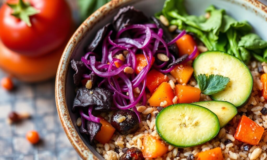 Colorful roasted veggie quinoa bowl: healthy, delicious, and easy meal.