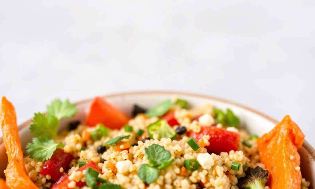 Colorful roasted veggie quinoa bowl: vibrant, nutritious, easy meal.