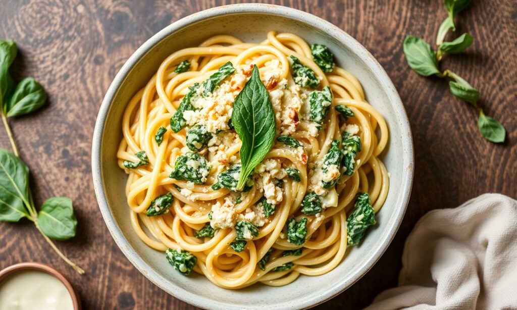 Creamy spinach artichoke pasta: decadent comfort food with vibrant flavors.