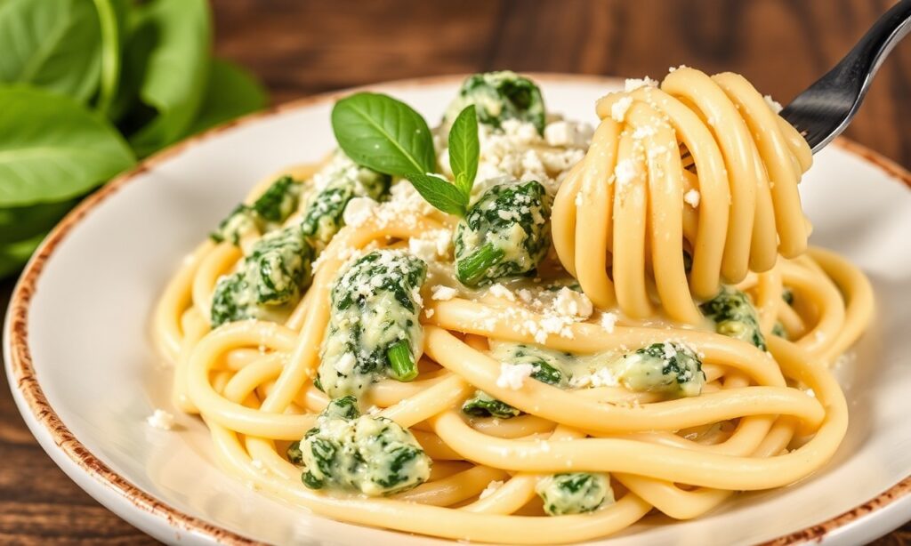 Creamy spinach artichoke pasta: decadent comfort food with vibrant flavors.