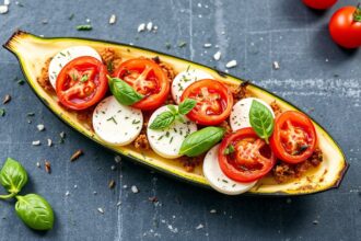 Margherita zucchini boats, fresh and vibrant, a classic flavor twist.