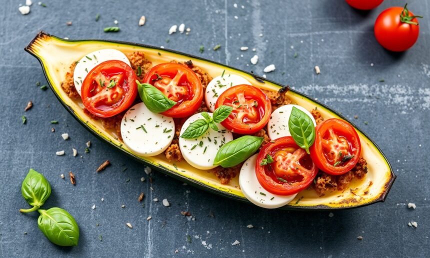 Margherita zucchini boats, fresh and vibrant, a classic flavor twist.