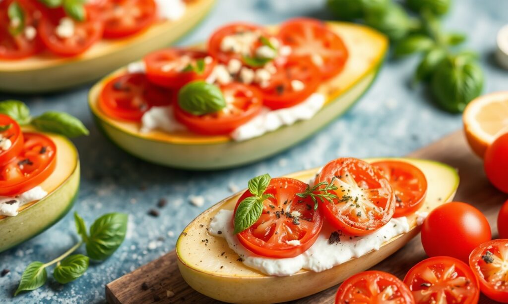 Margherita zucchini boats: fresh, vibrant, easy appetizer.