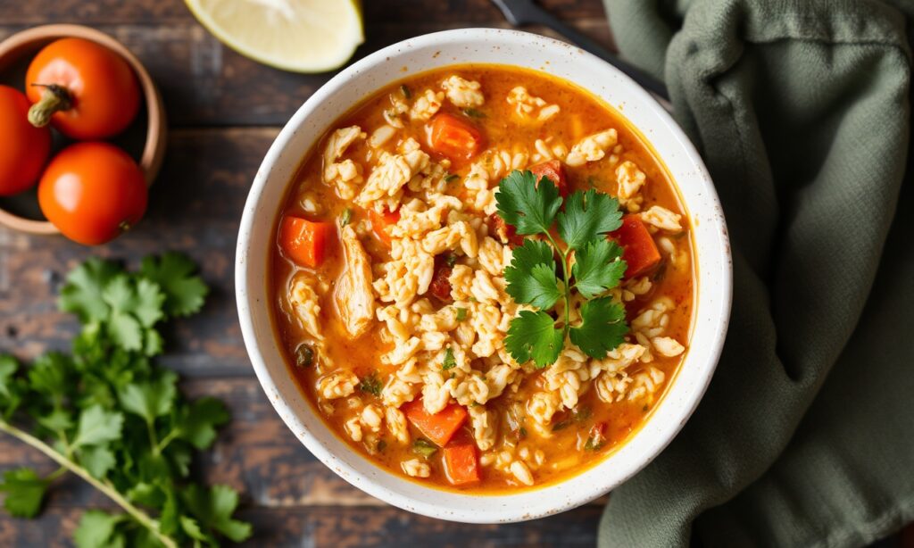 Warm up with hearty Mexican chicken rice soup, a comforting delight.