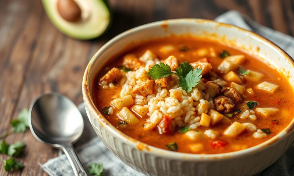 Warm up with hearty Mexican chicken rice soup, a comforting delight.