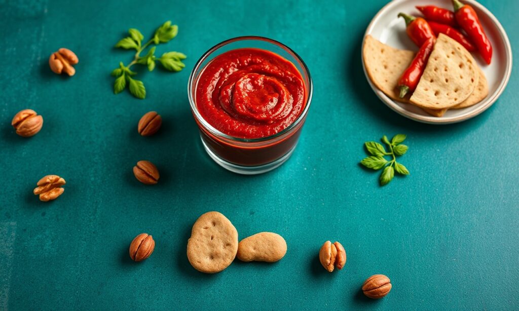 Muhammara Magic: Delicious sweet and spicy roasted red pepper walnut dip.