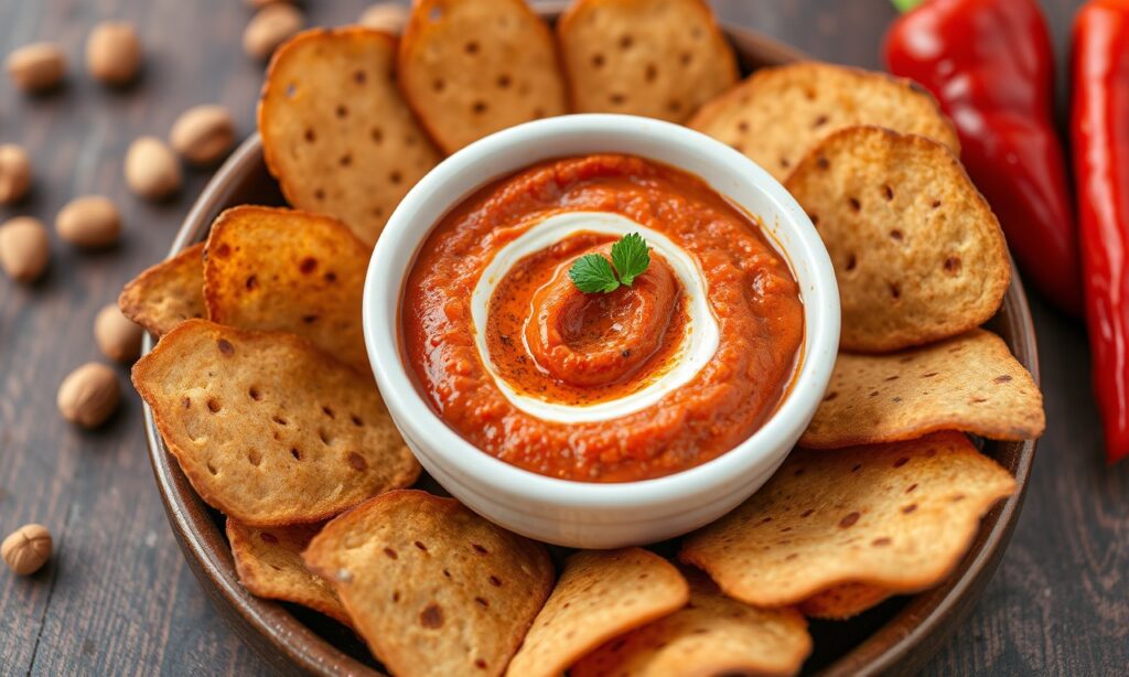 Muhammara Magic: vibrant sweet, spicy roasted red pepper walnut dip.