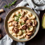 Savory mushroom stroganoff with creamy cashew delight.