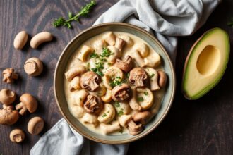 Savory mushroom stroganoff with creamy cashew delight.