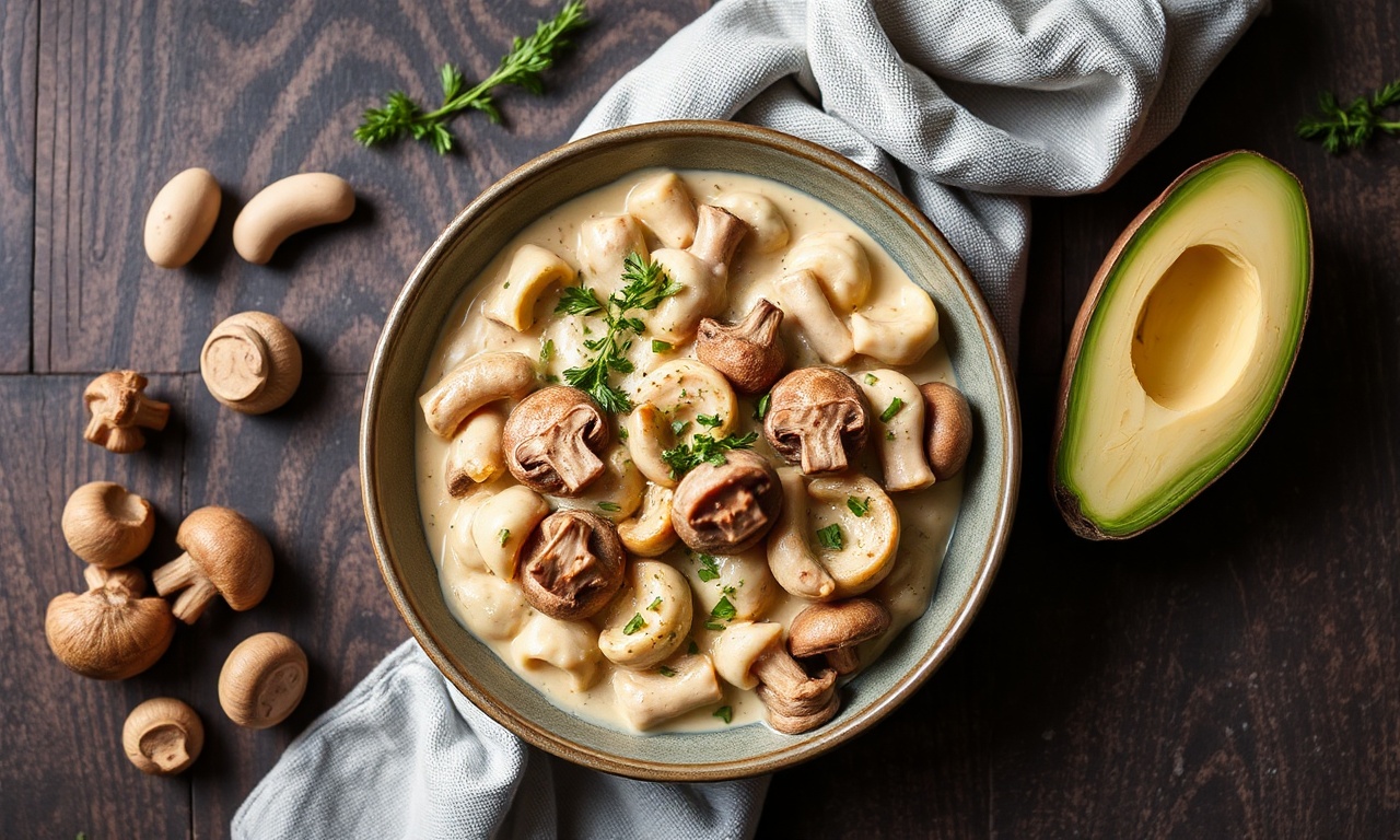 Savory mushroom stroganoff with creamy cashew delight.