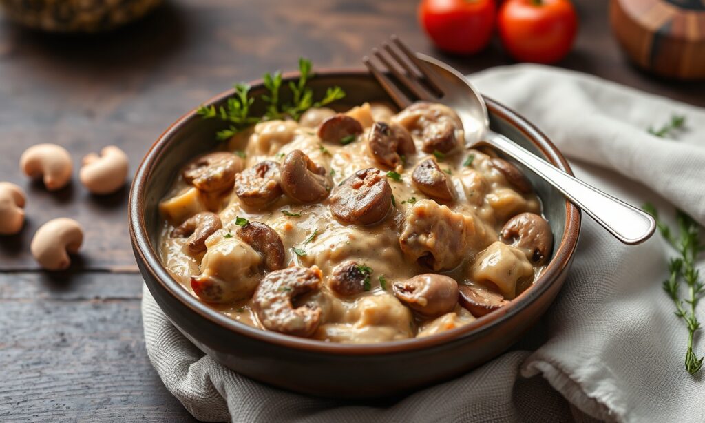 Savory mushroom stroganoff with creamy cashew sauce, a guilt-free delight.