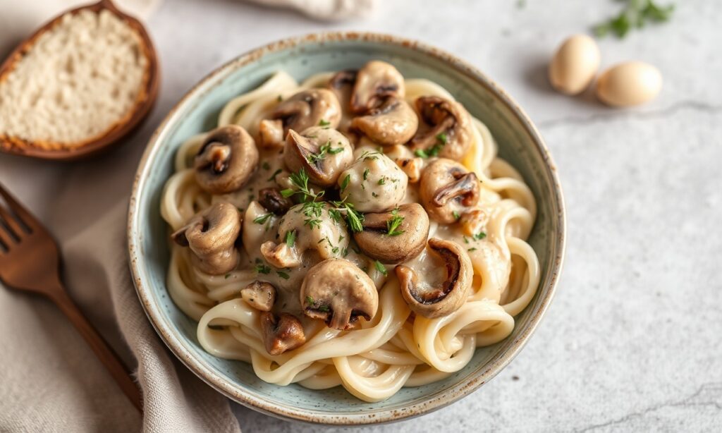 Savory mushroom stroganoff with creamy cashew sauce, a comforting delight.