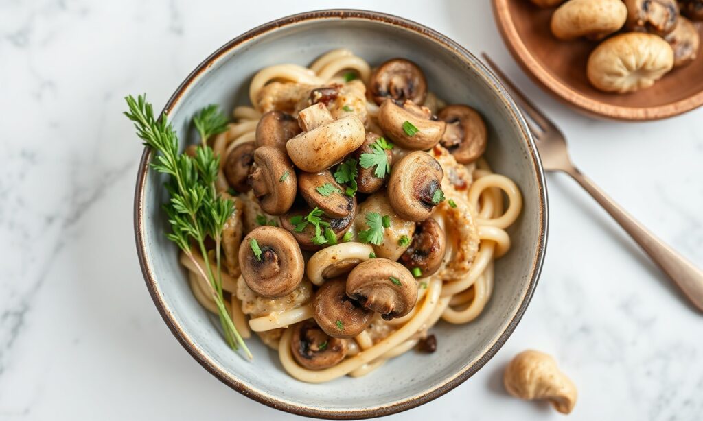 Savory mushroom stroganoff with creamy cashew sauce, a comforting delight.