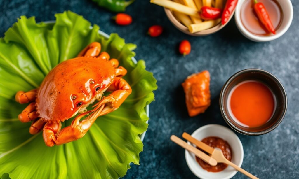 Singapore chili crab: a spicy seafood delight.