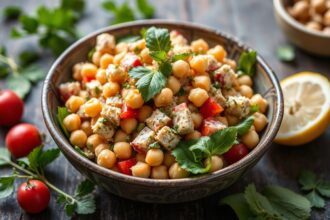 Crafting chickpea tuna salad, a delicious plant-powered delight.