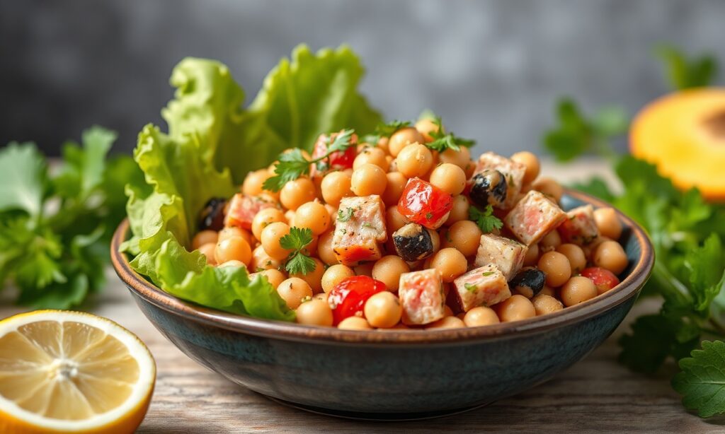 Crafting chickpea salad: flavorful, plant-powered vegan tuna delight.