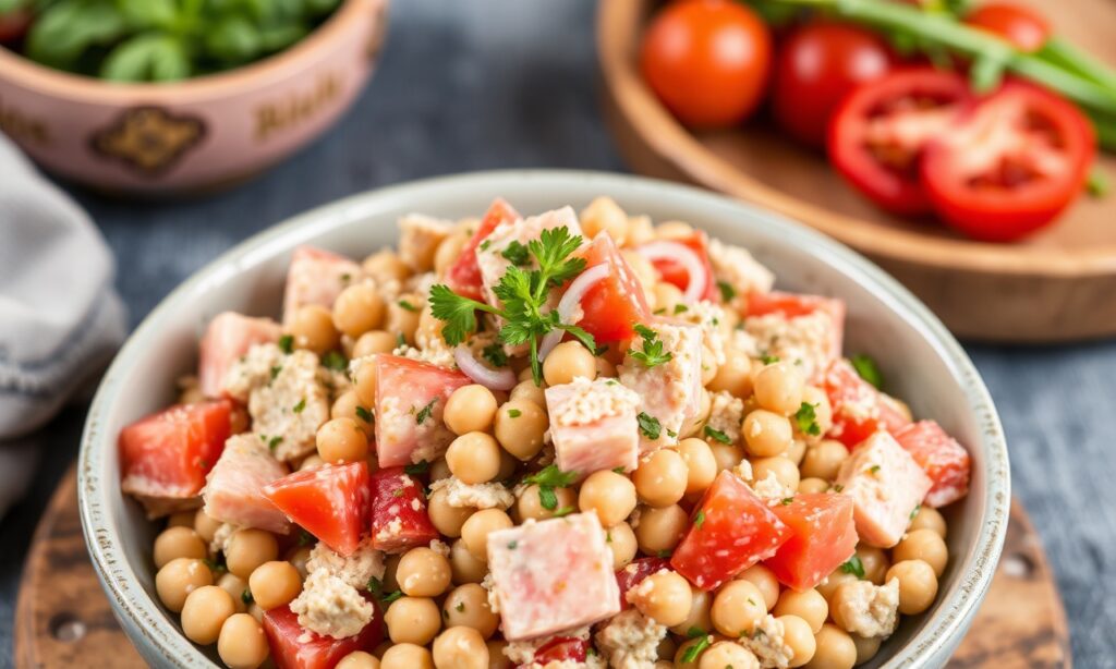 Crafting chickpea salad: delicious, plant-powered tuna alternative.