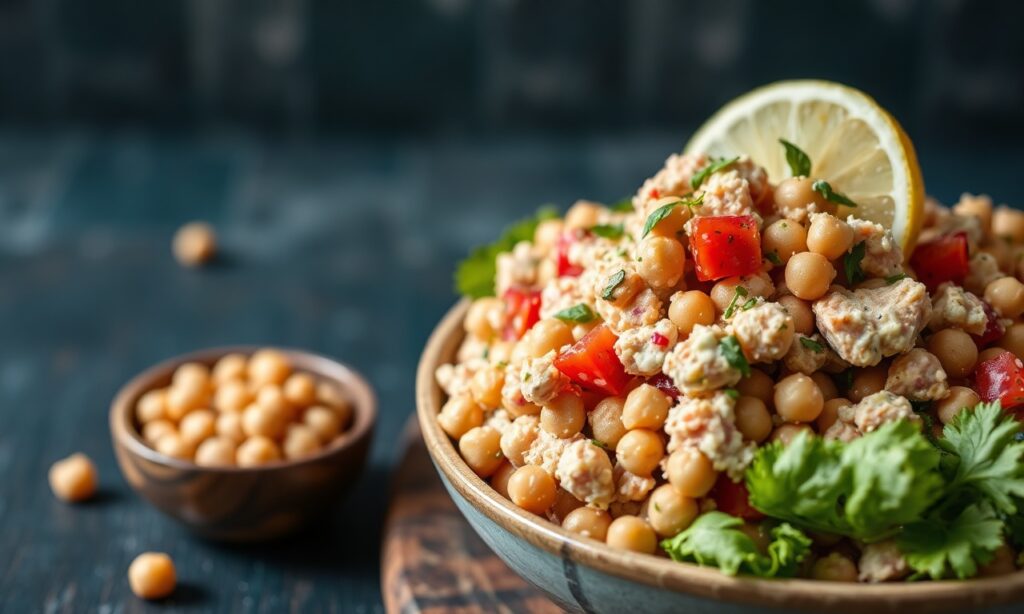 Crafting chickpea salad: delicious, plant-powered tuna alternative.