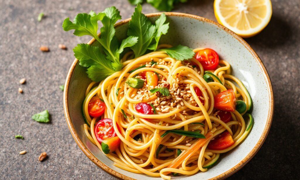 Fresh flavor Asian zucchini noodle salad, vibrant, zesty, sesame crunch.