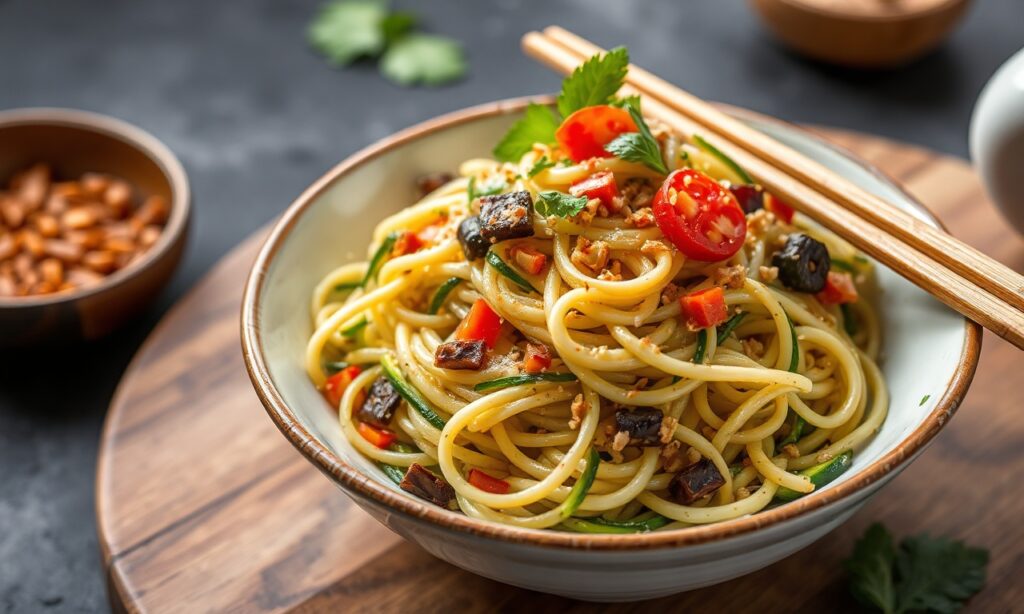 Fresh flavor Asian zucchini noodle salad recipe.