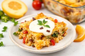 Wholesome Keto breakfast casserole with cauliflower. Delicious and healthy.