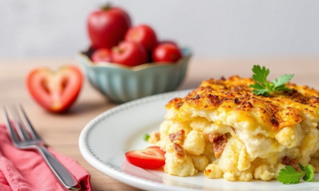 Wholesome Keto breakfast casserole with cauliflower, vibrant and nourishing.