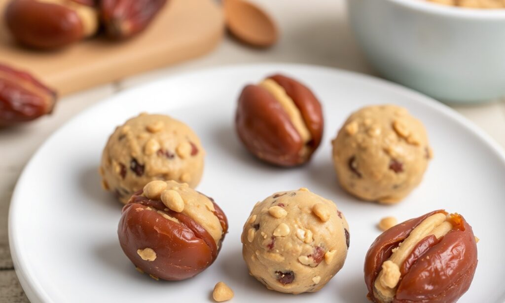 Peanut butter cookie dough date bites, a healthy sweet treat.