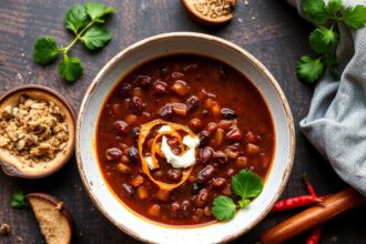 Bold zest of spicy black bean soup, fiery comfort.