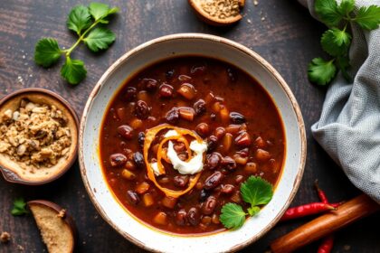 Bold zest of spicy black bean soup, fiery comfort.