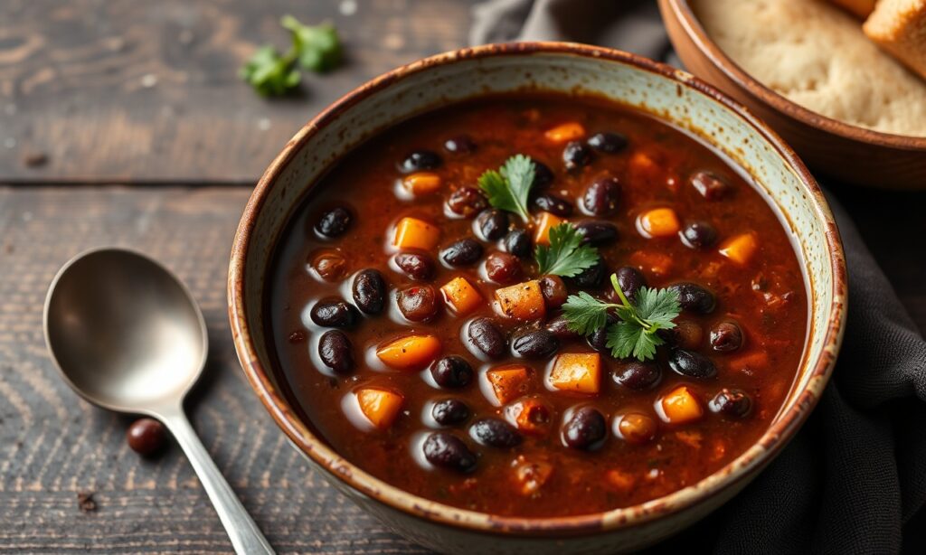 Bold zest of spicy black bean soup, a fiery comfort.