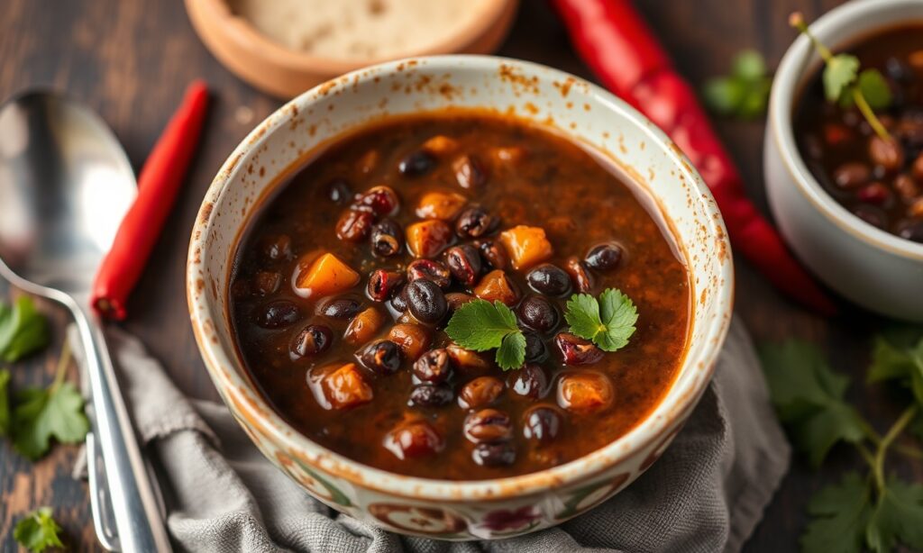 Spicy black bean soup with bold zest, a fiery comfort food.