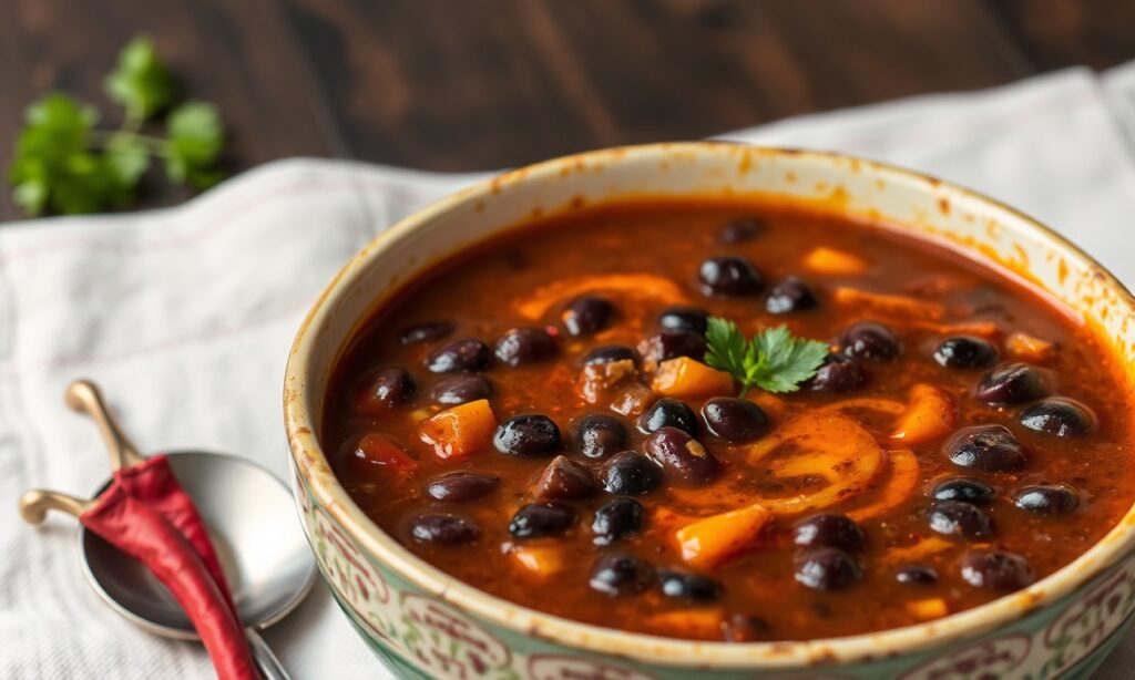 Spicy black bean soup with bold zest, a fiery comfort food.