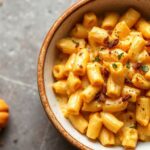 Decadent creamy vegan pumpkin mac and cheese delight.