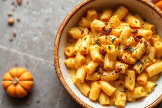 Decadent creamy vegan pumpkin mac and cheese delight.