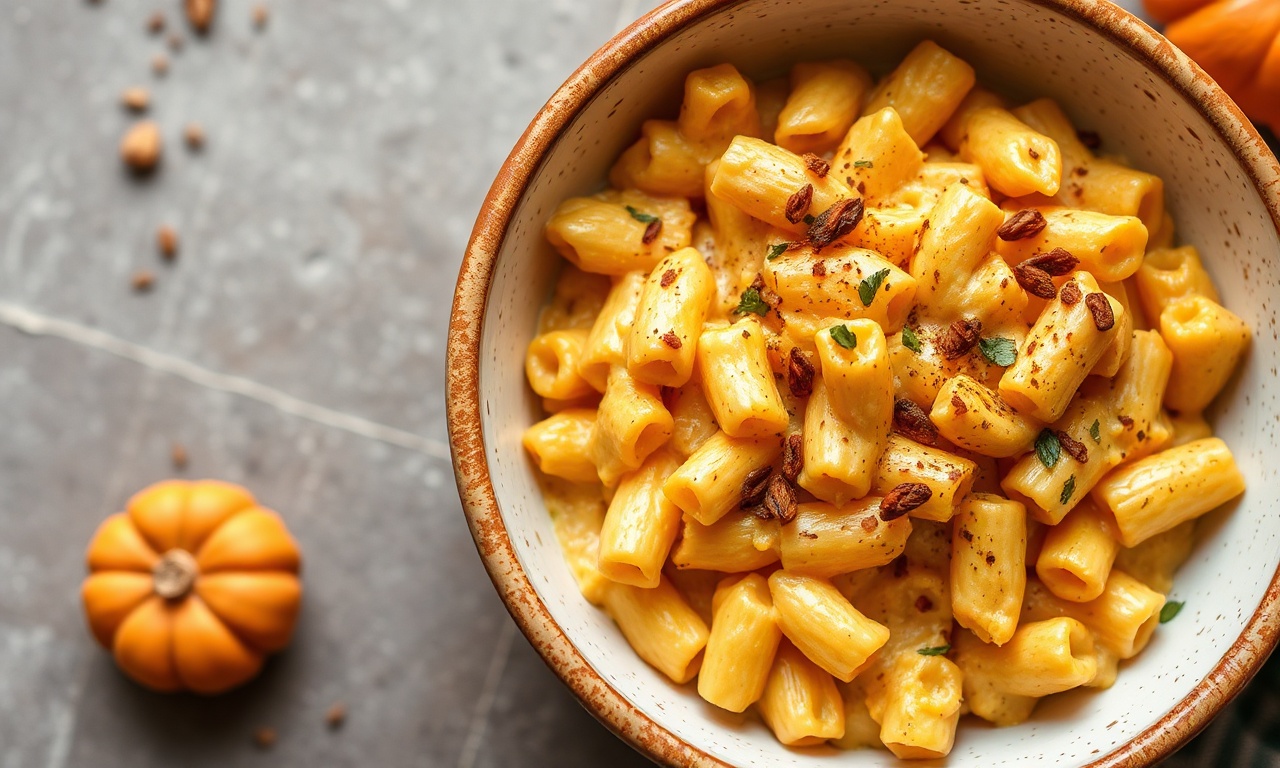 Decadent creamy vegan pumpkin mac and cheese delight.