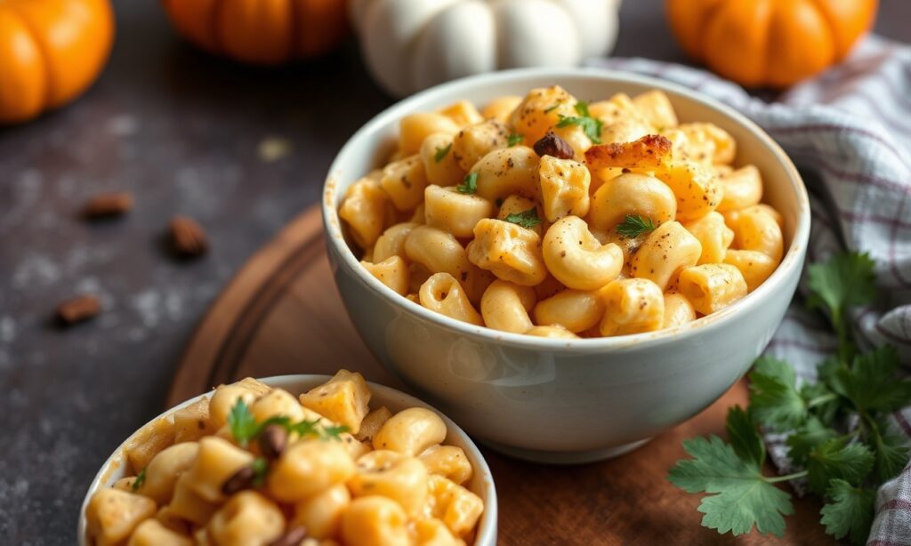 Decadent creamy vegan pumpkin mac and cheese delight.