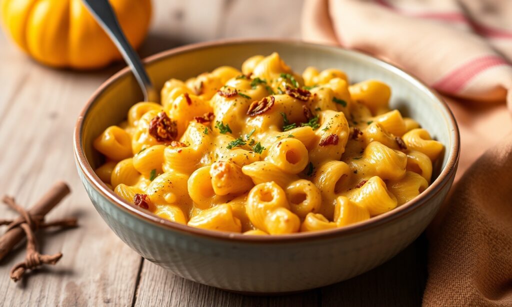 Decadent creamy vegan pumpkin mac and cheese delight, autumn comfort food.