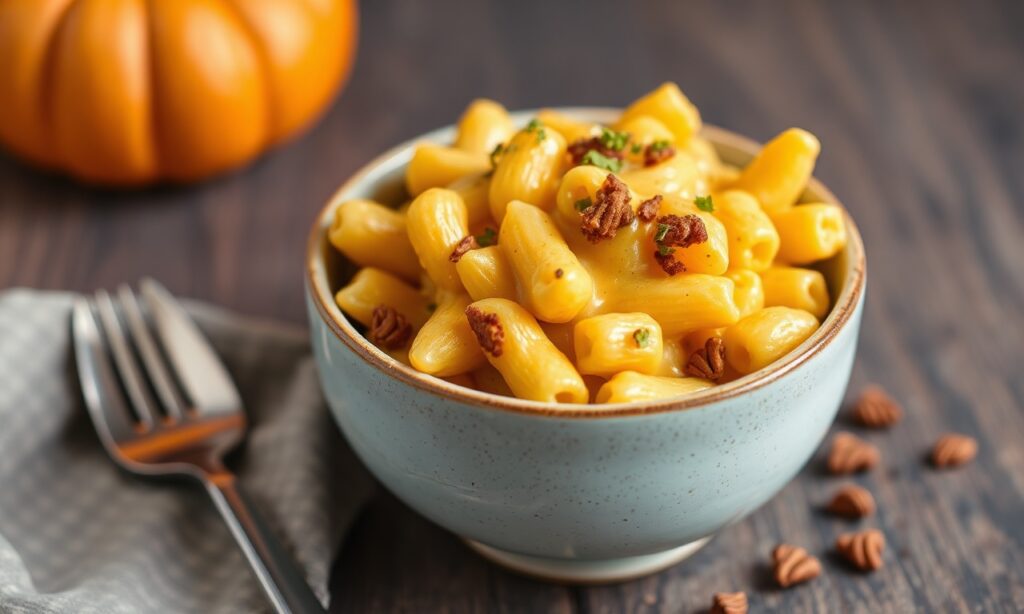 Decadent creamy vegan pumpkin mac and cheese delight, autumn comfort food.