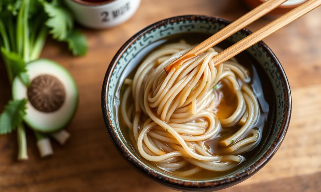 Chilled soba noodles with refreshing tsuyu dipping sauce on a hot summer day.