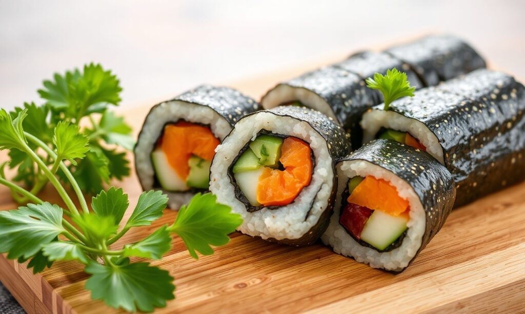 Crafting flavorful vegetarian sushi rolls for fresh, healthy meals.